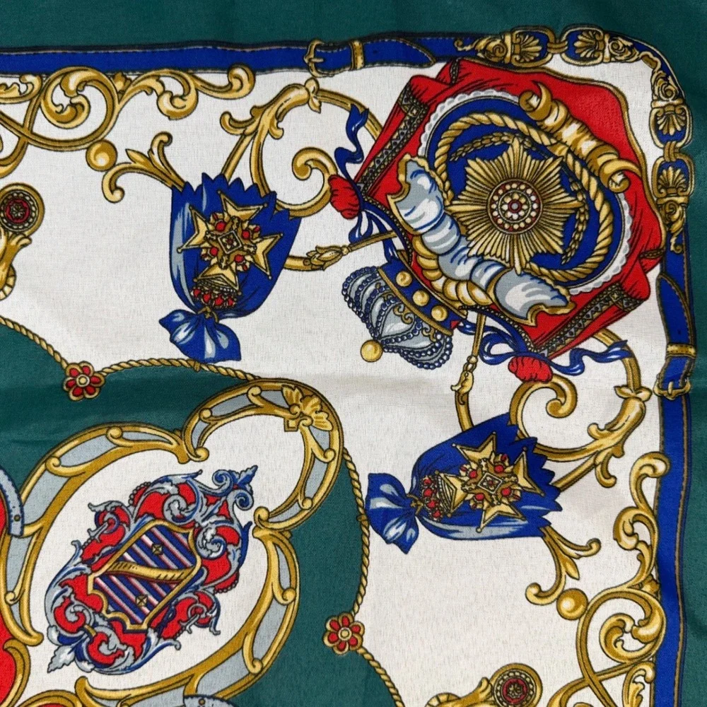 Vintage Baroque Classic Scarf Green Red Gold Heraldic Crest Crown 90s Italy‎